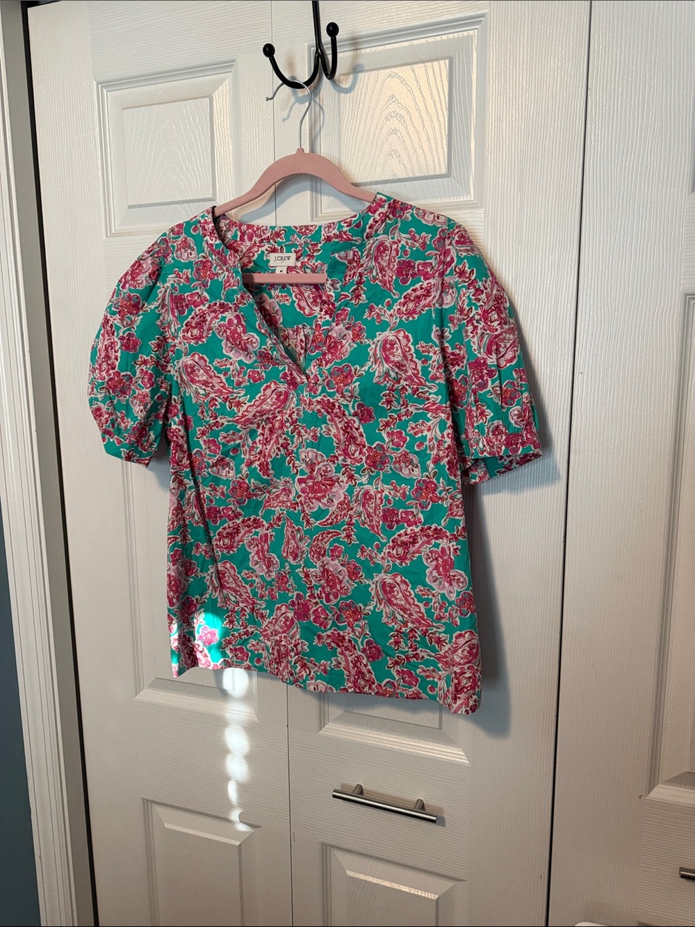 J. Crew Teal Floral V-Neck Short-Sleeve Blouse
